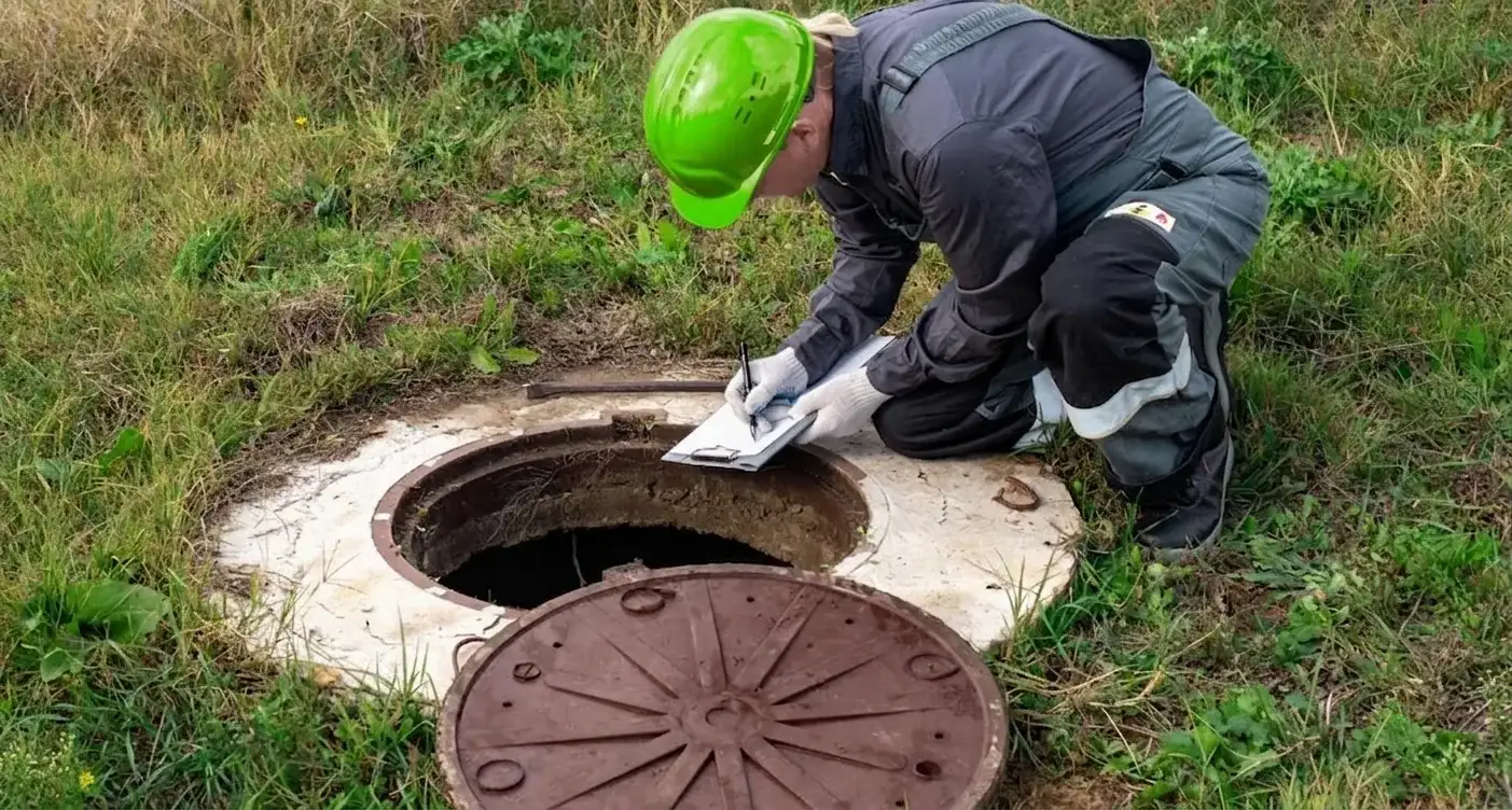Technician documenting a septic system inspection