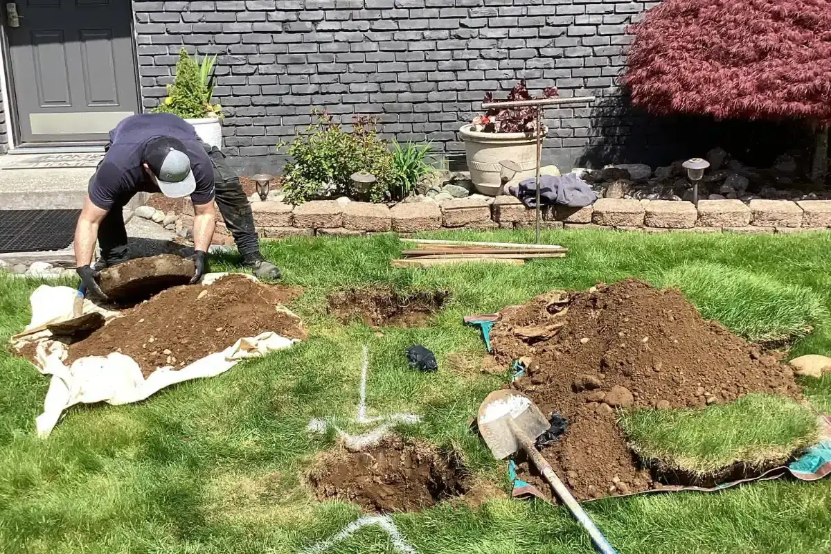 Septic repair work in a residential yard